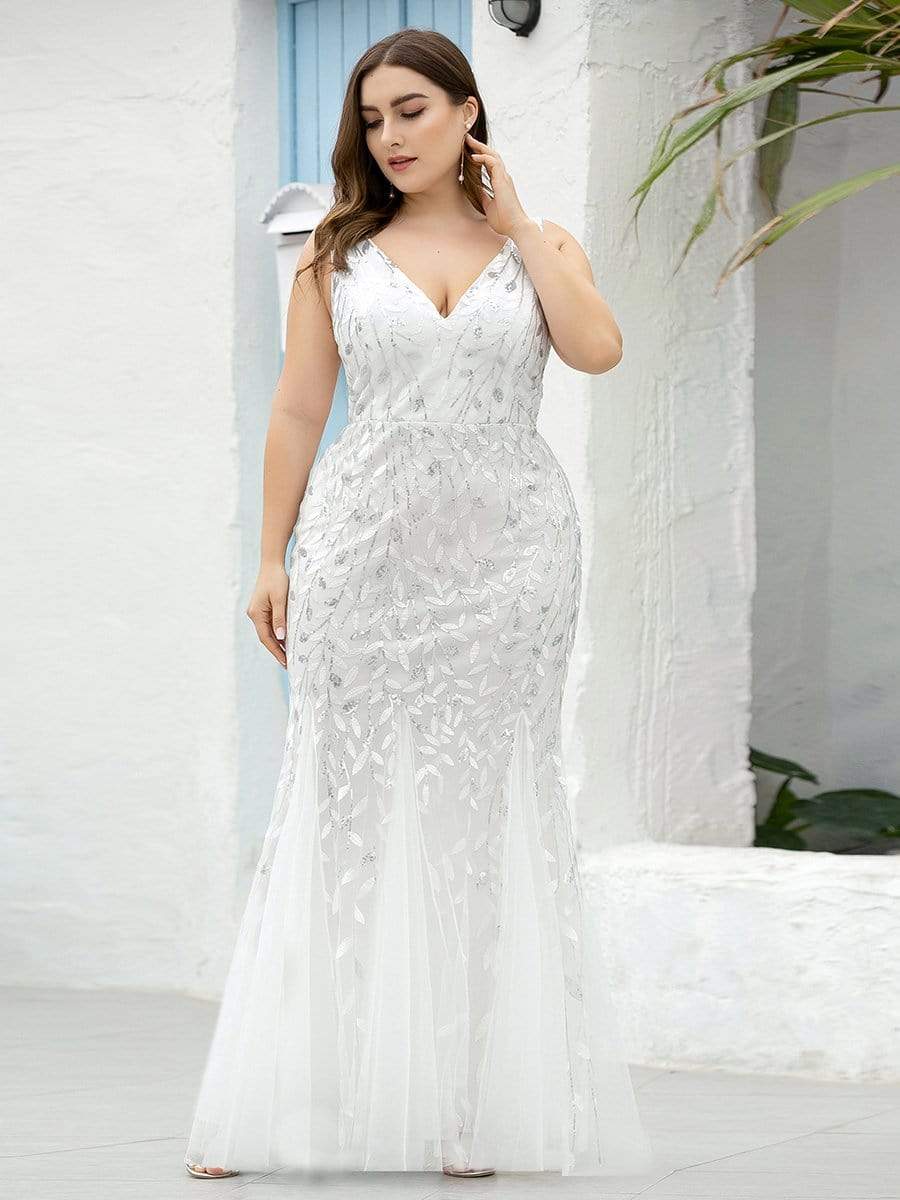 Women's Double V-Neck Fishtail Seuqin Evening Dress #color_White