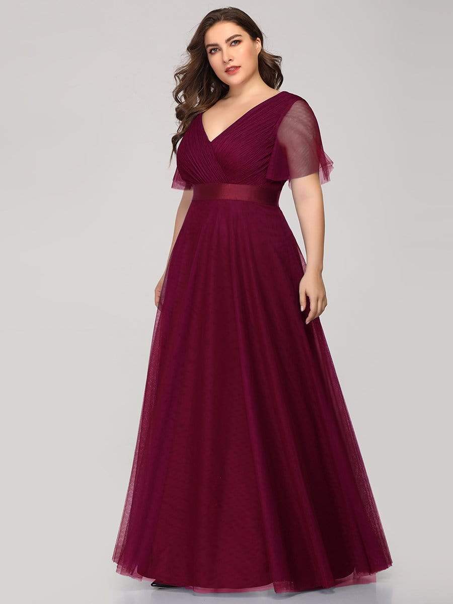 Women's Floor-Length Plus Size Bridesmaid Dress with Short Sleeve #color_Burgundy