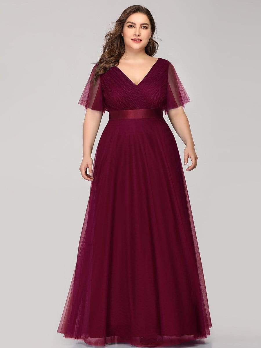 Women's Floor-Length Plus Size Bridesmaid Dress with Short Sleeve #color_Burgundy