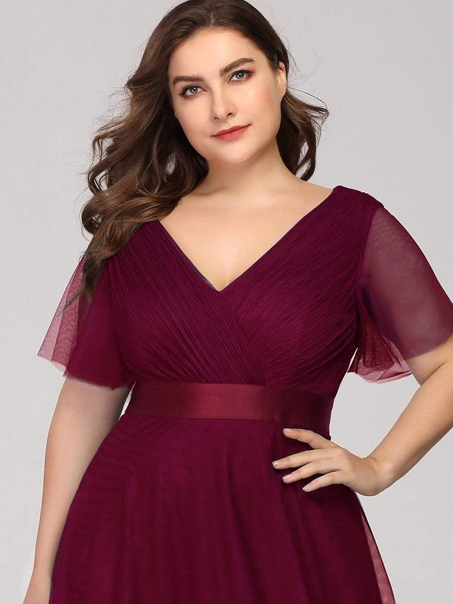 Women's Floor-Length Plus Size Bridesmaid Dress with Short Sleeve #color_Burgundy