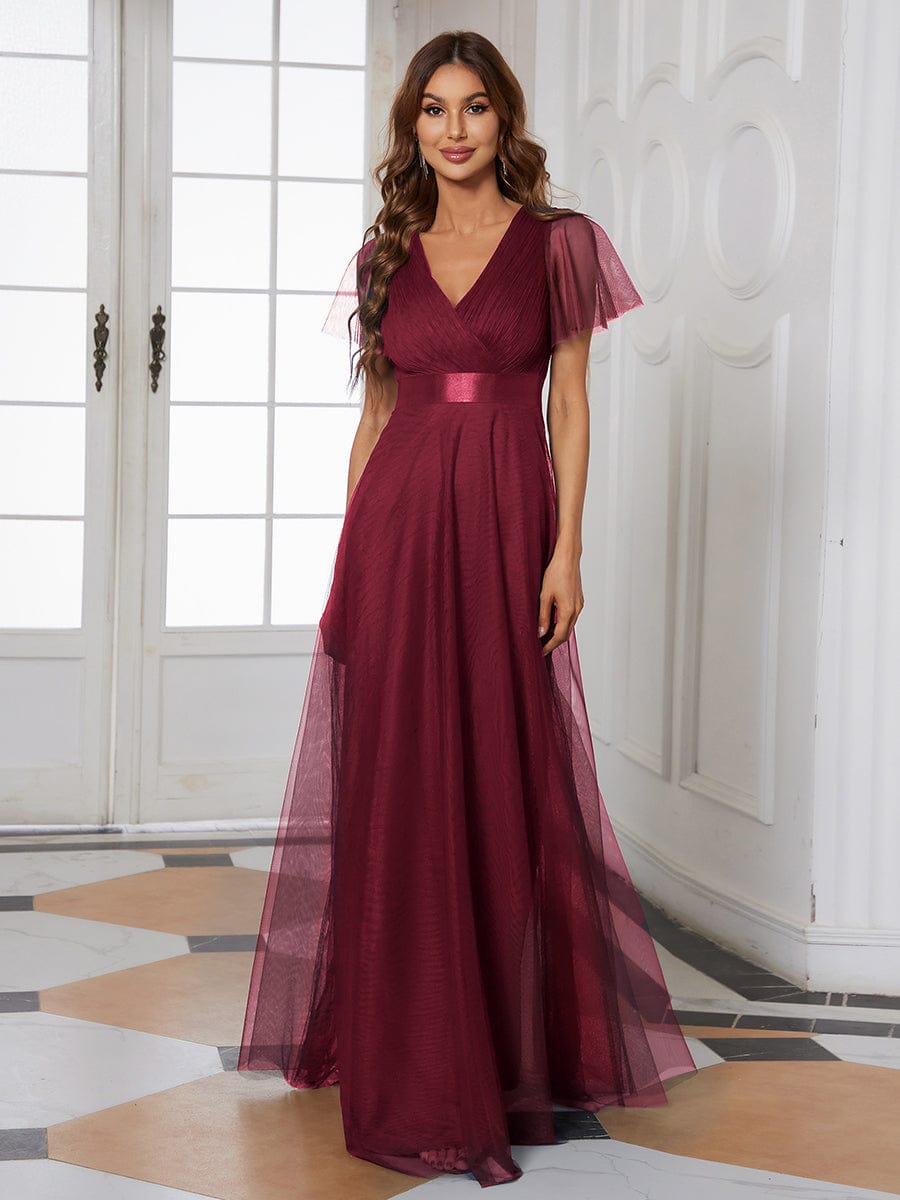 Custom Size Double V-Neck Floor-Length Bridesmaid Dress with Short Sleeve #color_Burgundy