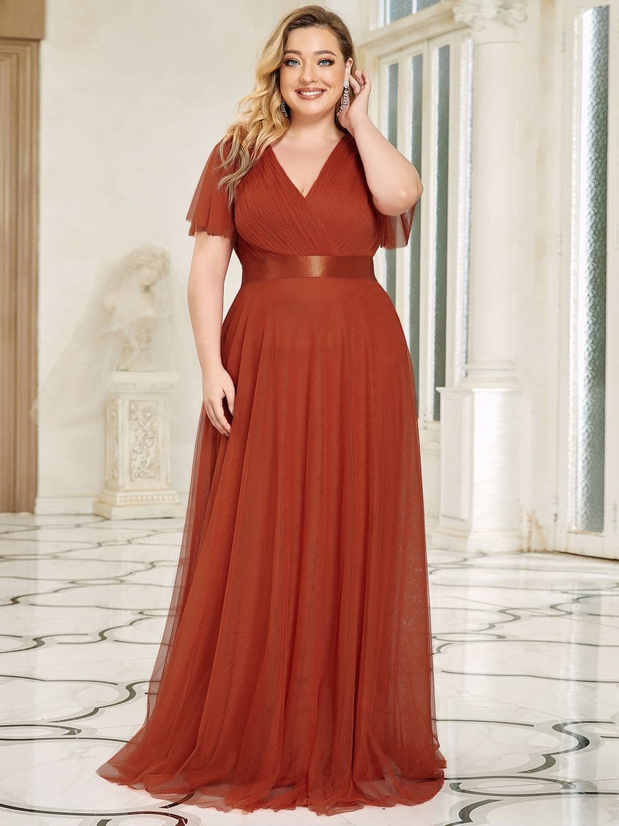 Women's Floor-Length Plus Size Bridesmaid Dress with Short Sleeve #color_Burnt Orange