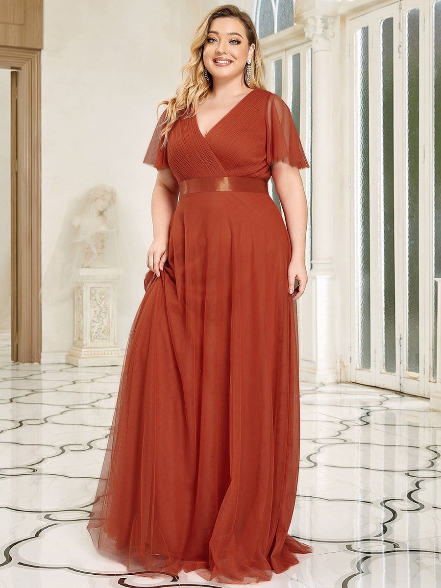 Women's Floor-Length Plus Size Bridesmaid Dress with Short Sleeve #color_Burnt Orange