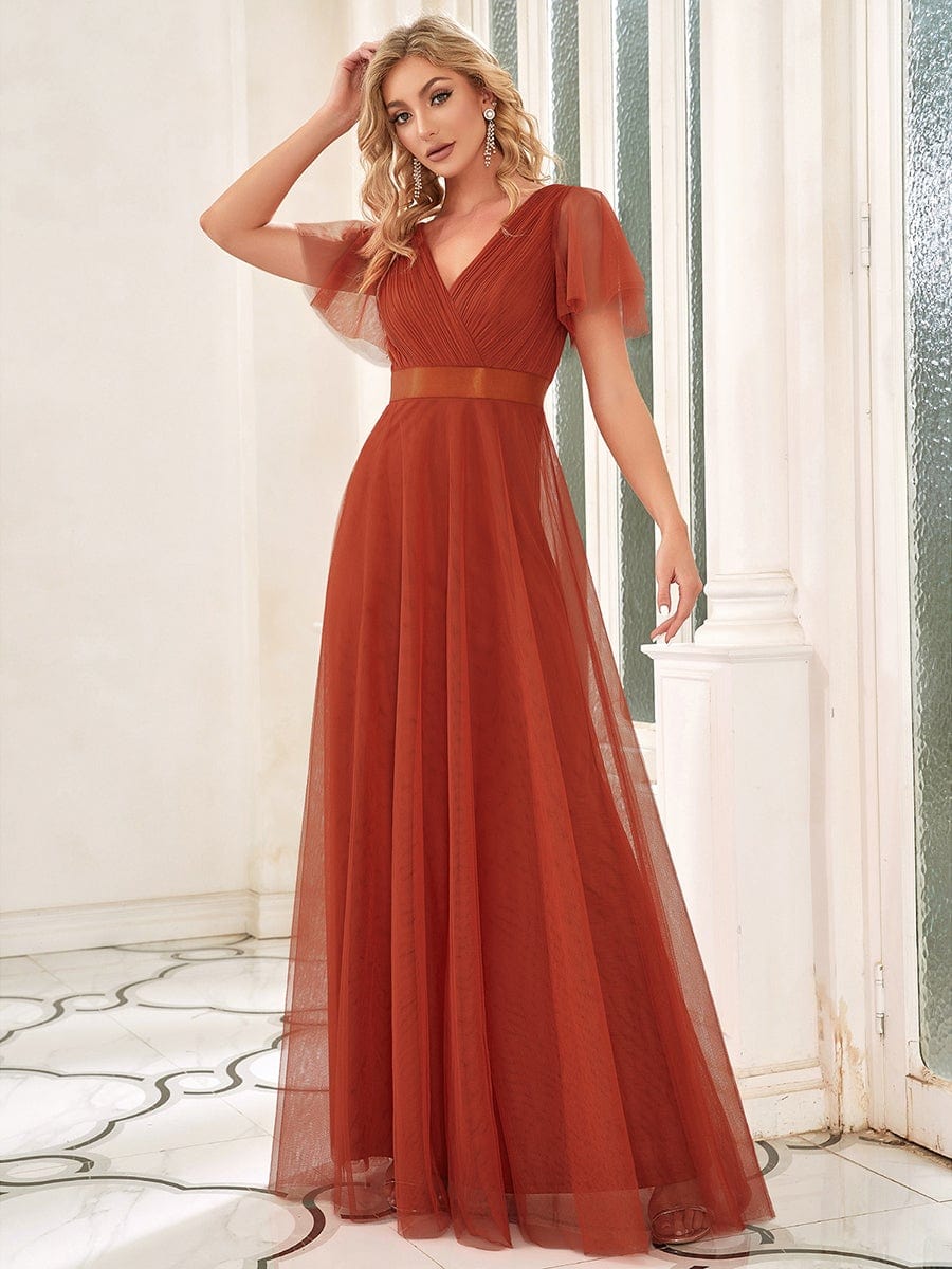 Women's Double V-Neck Floor-Length Bridesmaid Dress with Short Sleeve #color_Burnt Orange
