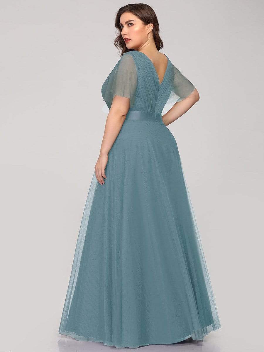 Women's Floor-Length Plus Size Bridesmaid Dress with Short Sleeve #color_Dusty Blue