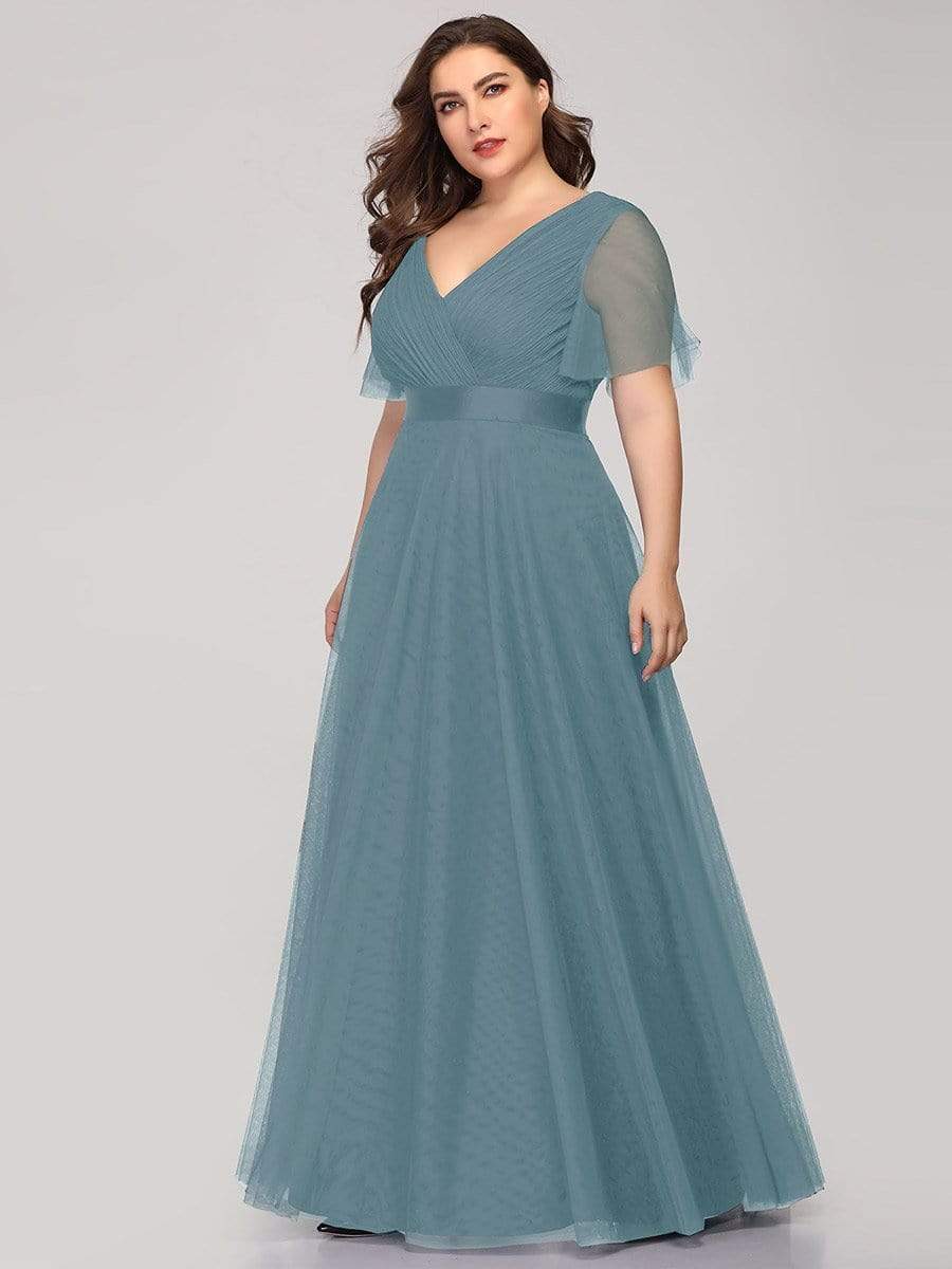 Women's Floor-Length Plus Size Bridesmaid Dress with Short Sleeve #color_Dusty Blue