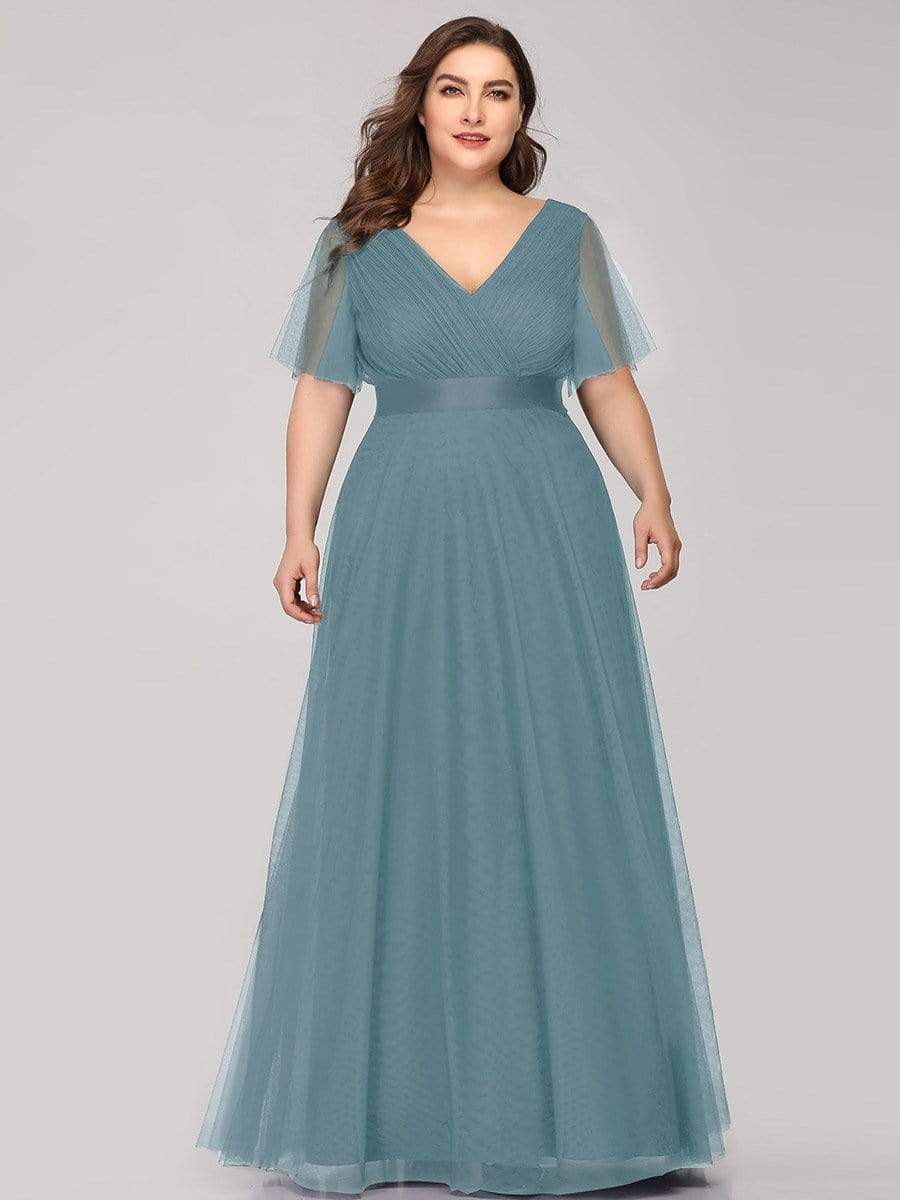 Women's Floor-Length Plus Size Bridesmaid Dress with Short Sleeve #color_Dusty Blue