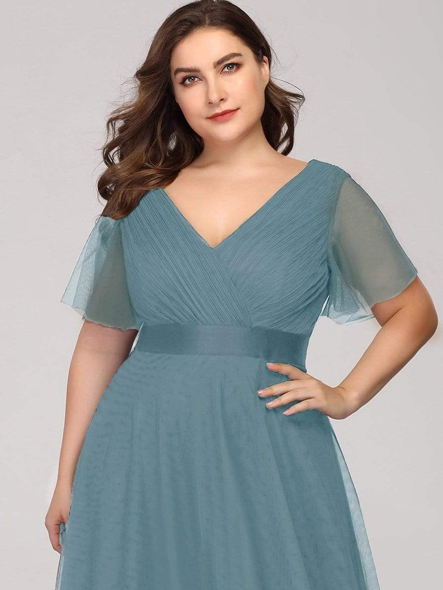 Women's Floor-Length Plus Size Bridesmaid Dress with Short Sleeve #color_Dusty Blue