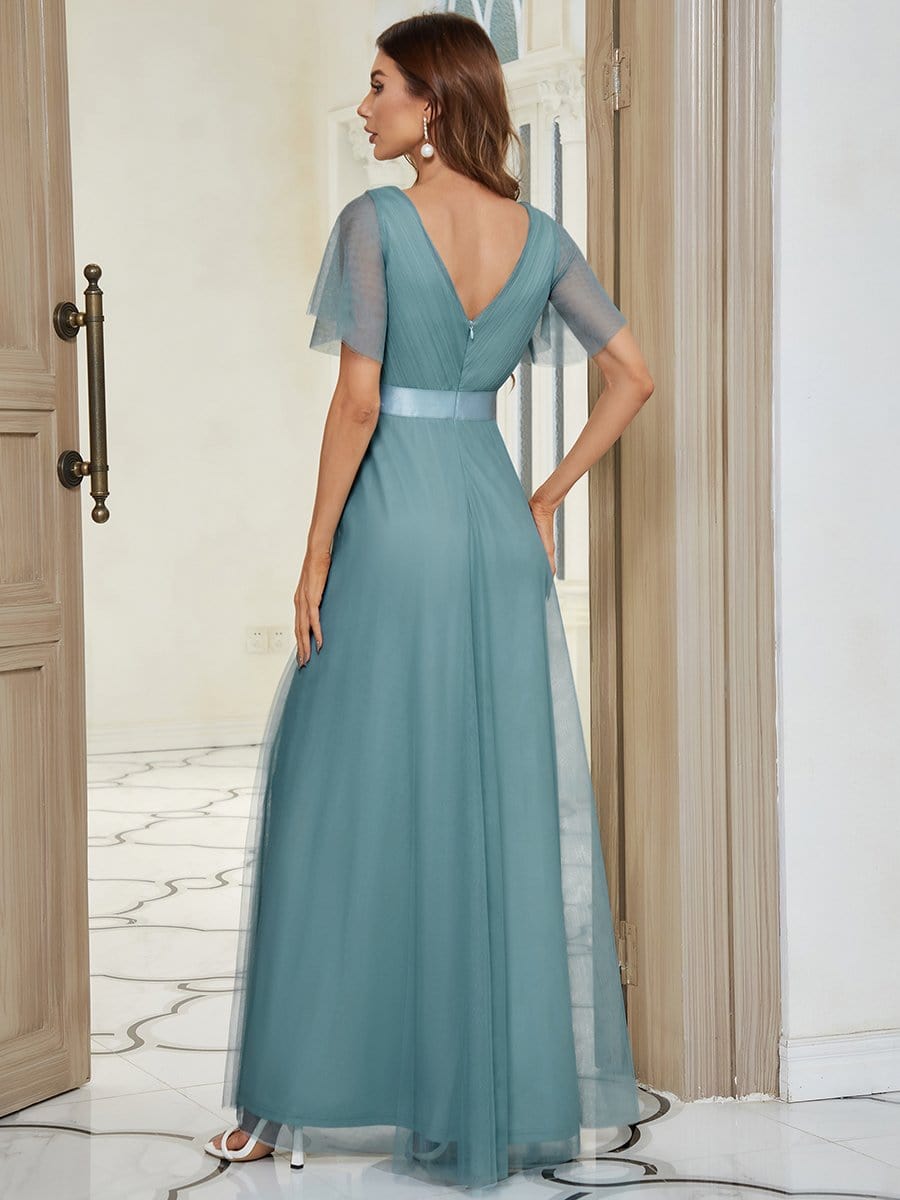 Custom Size Double V-Neck Floor-Length Bridesmaid Dress with Short Sleeve #color_Light Teal