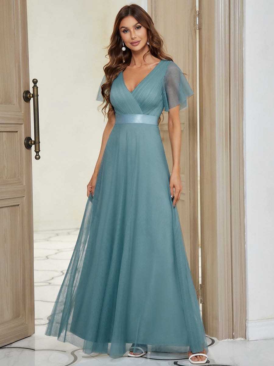 Custom Size Double V-Neck Floor-Length Bridesmaid Dress with Short Sleeve #color_Light Teal