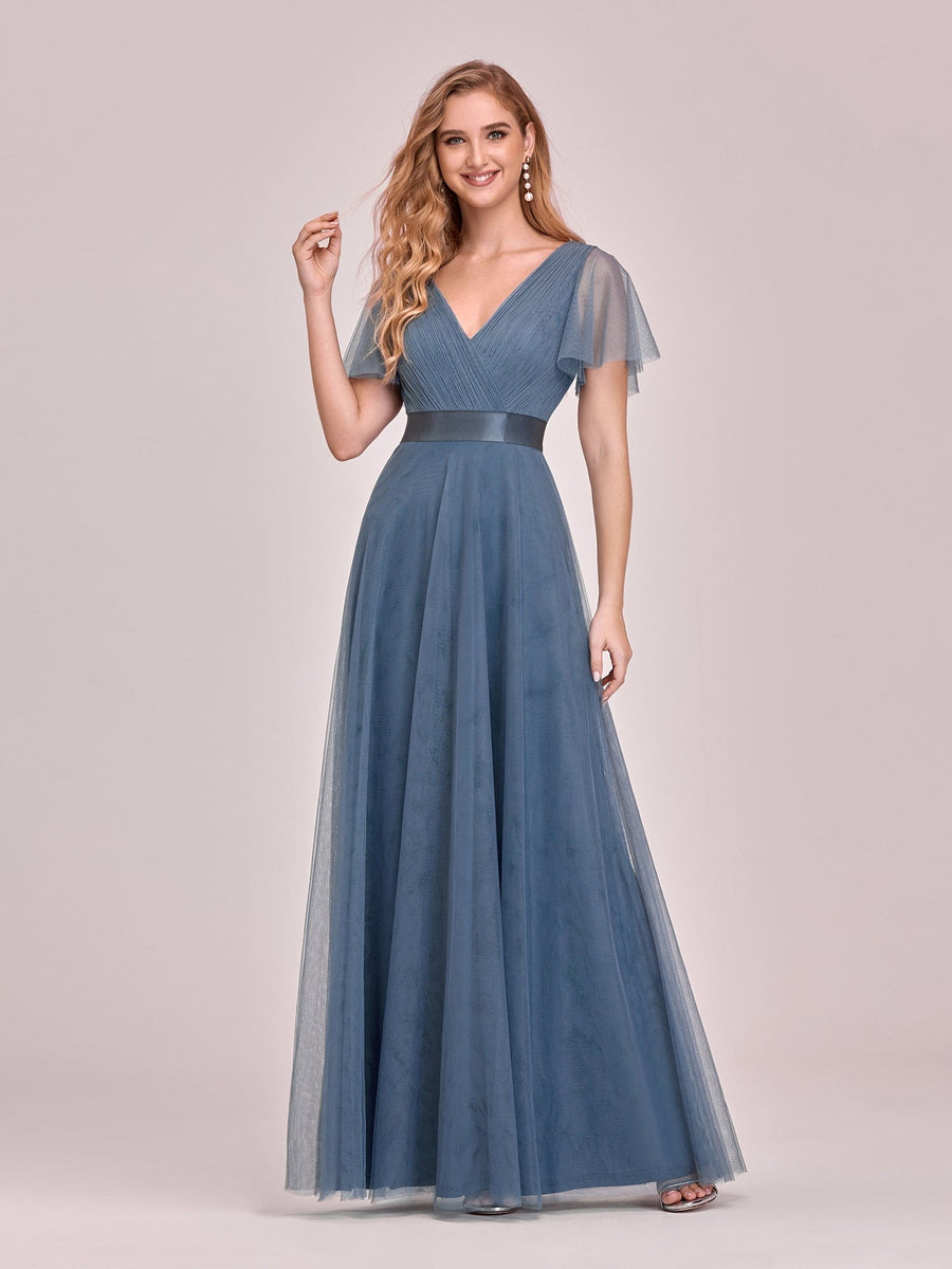 Custom Size Double V-Neck Floor-Length Bridesmaid Dress with Short Sleeve #color_Dusty Blue