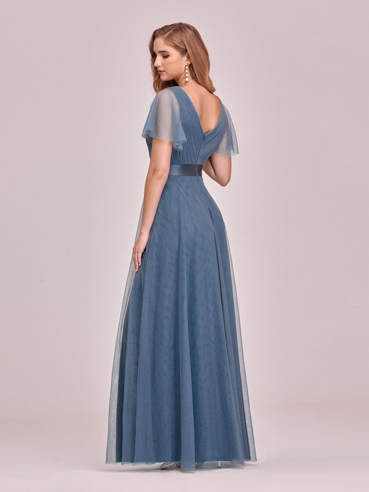 Custom Size Double V-Neck Floor-Length Bridesmaid Dress with Short Sleeve #color_Dusty Blue