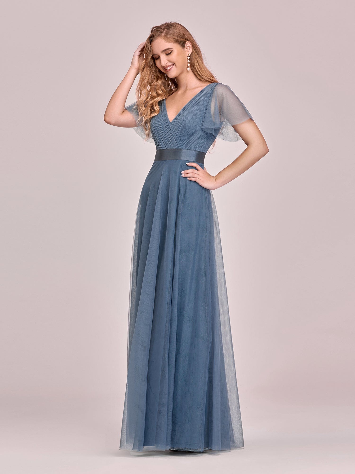 Custom Size Double V-Neck Floor-Length Bridesmaid Dress with Short Sleeve #color_Dusty Blue