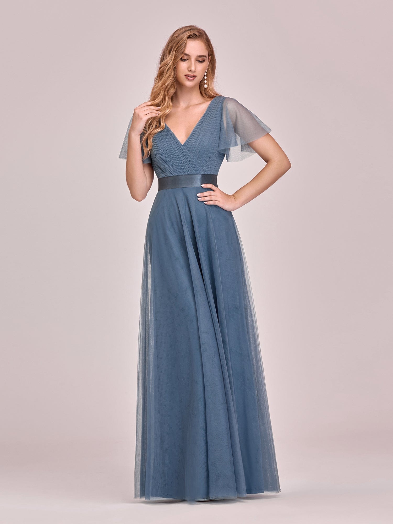 Custom Size Double V-Neck Floor-Length Bridesmaid Dress with Short Sleeve #color_Dusty Blue