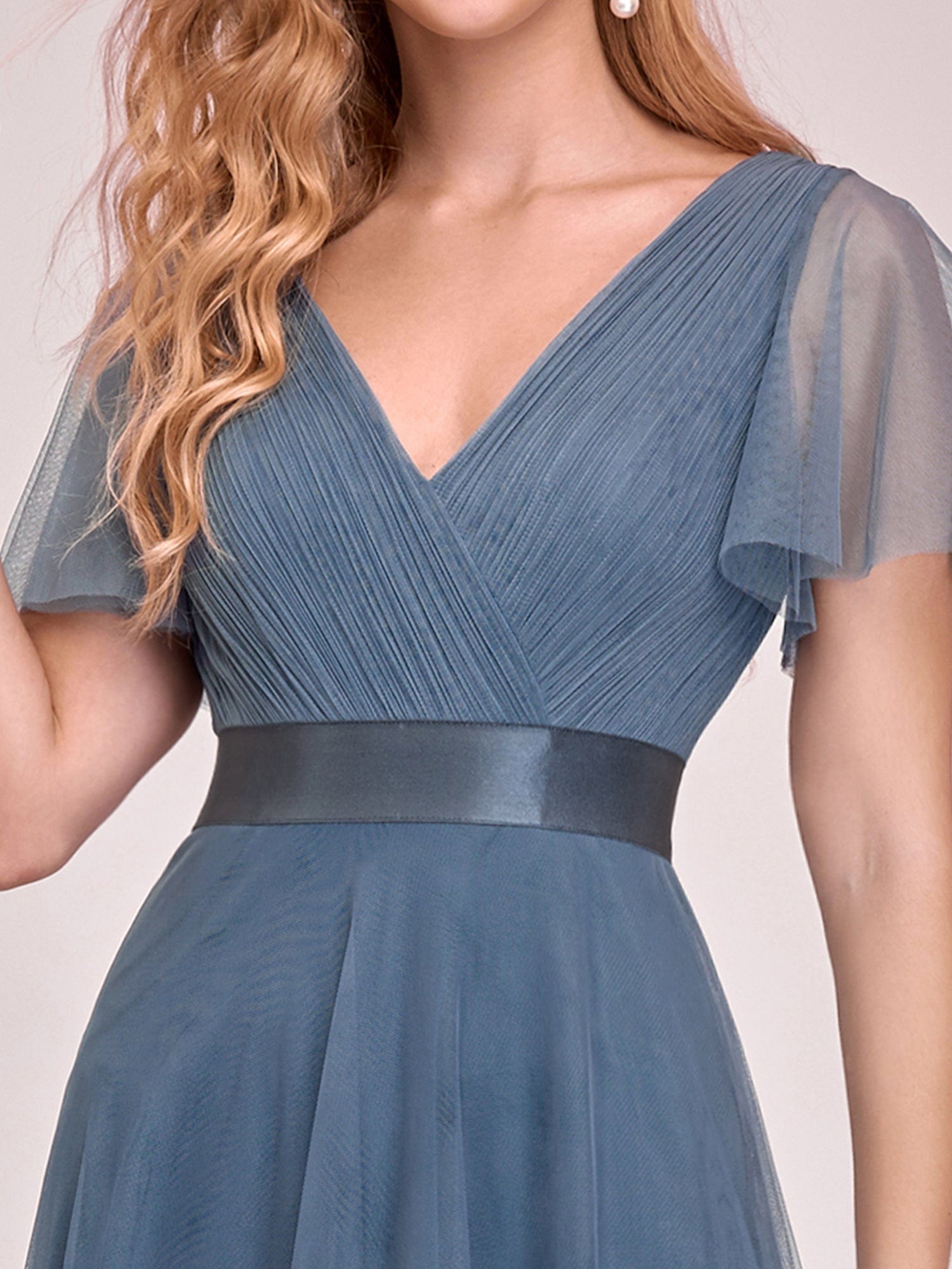 Custom Size Double V-Neck Floor-Length Bridesmaid Dress with Short Sleeve #color_Dusty Blue