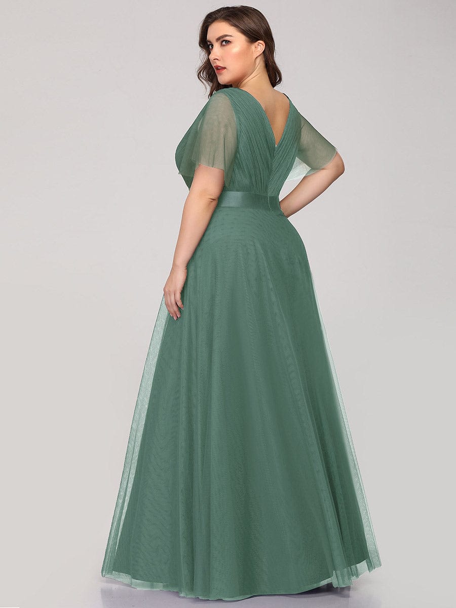 Custom Size Double V-Neck Floor-Length Bridesmaid Dress with Short Sleeve #color_Green Bean