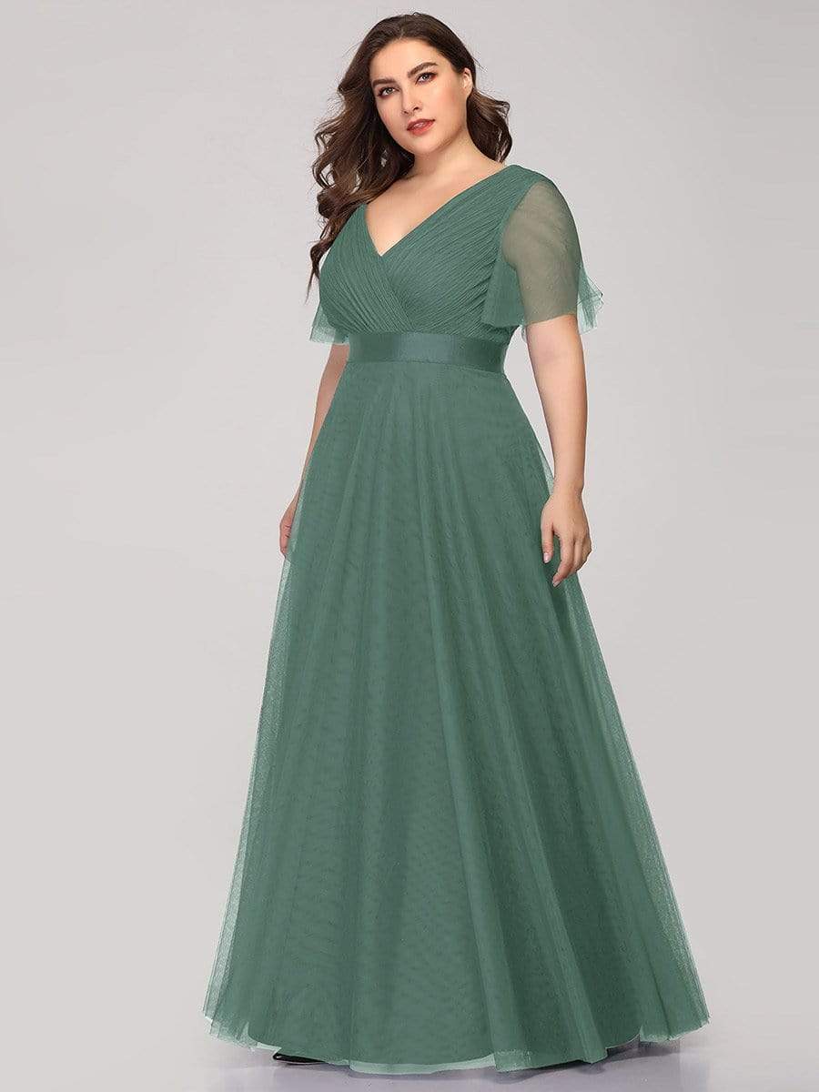 Women's Floor-Length Plus Size Bridesmaid Dress with Short Sleeve #color_Green Bean