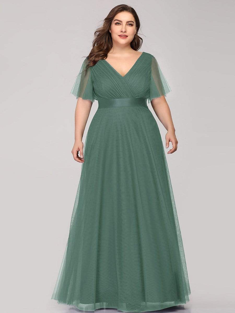 Women's Floor-Length Plus Size Bridesmaid Dress with Short Sleeve #color_Green Bean