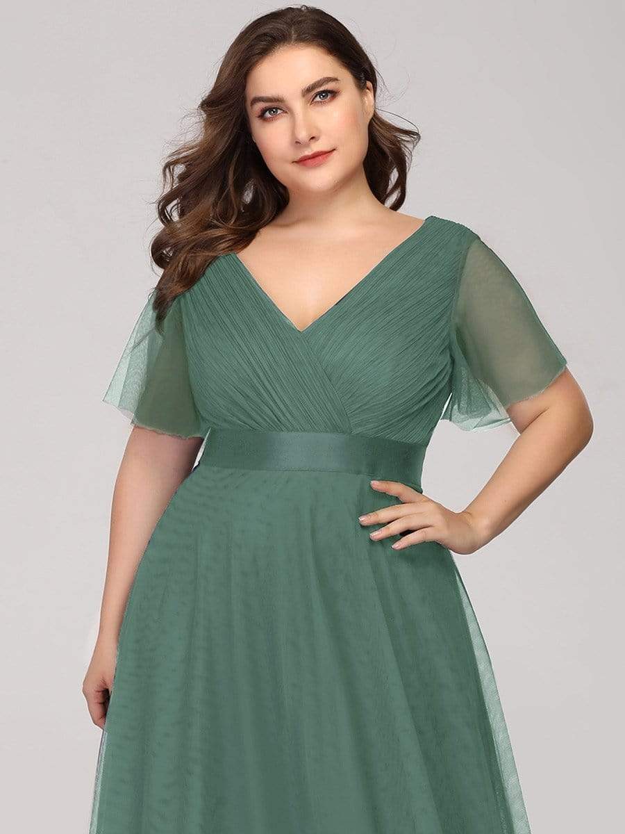 Women's Floor-Length Plus Size Bridesmaid Dress with Short Sleeve #color_Green Bean