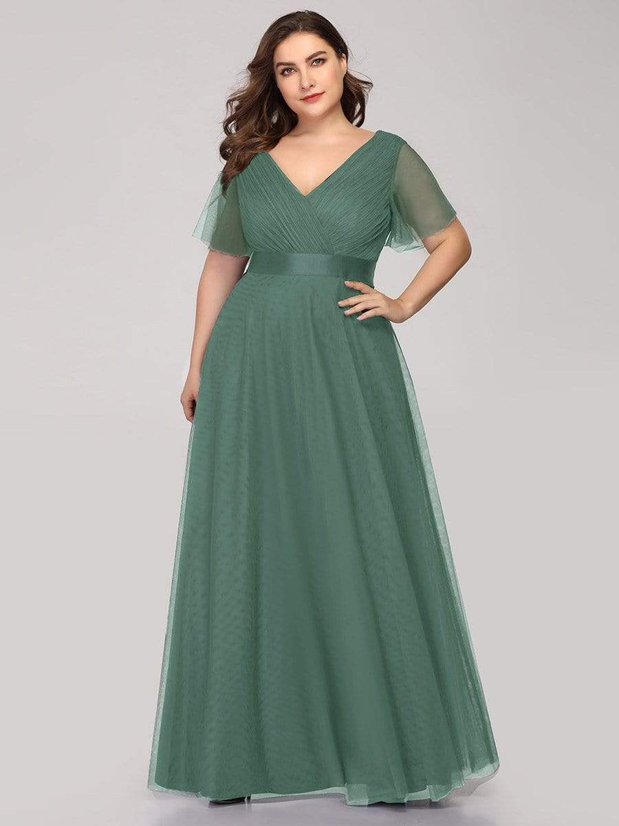 Women's Floor-Length Plus Size Bridesmaid Dress with Short Sleeve #color_Green Bean