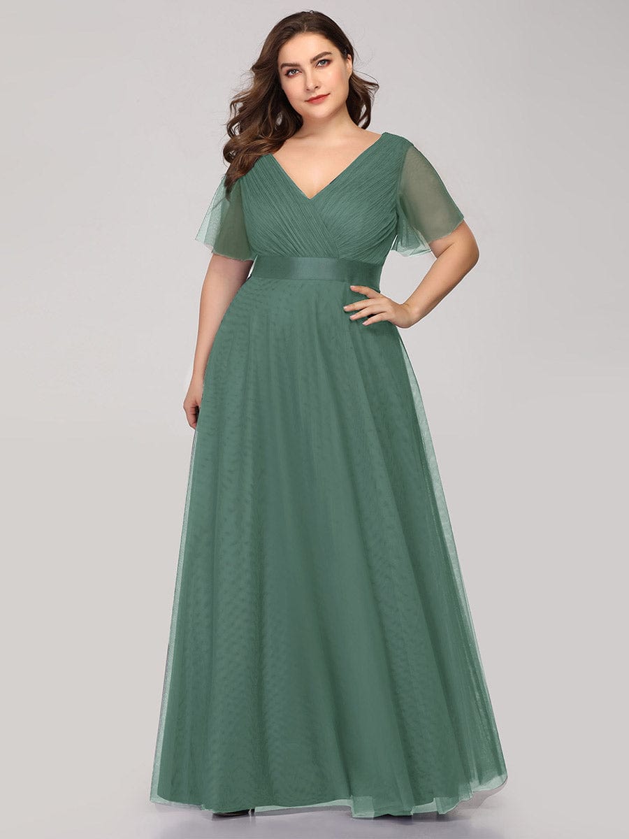 Custom Size Double V-Neck Floor-Length Bridesmaid Dress with Short Sleeve #color_Green Bean