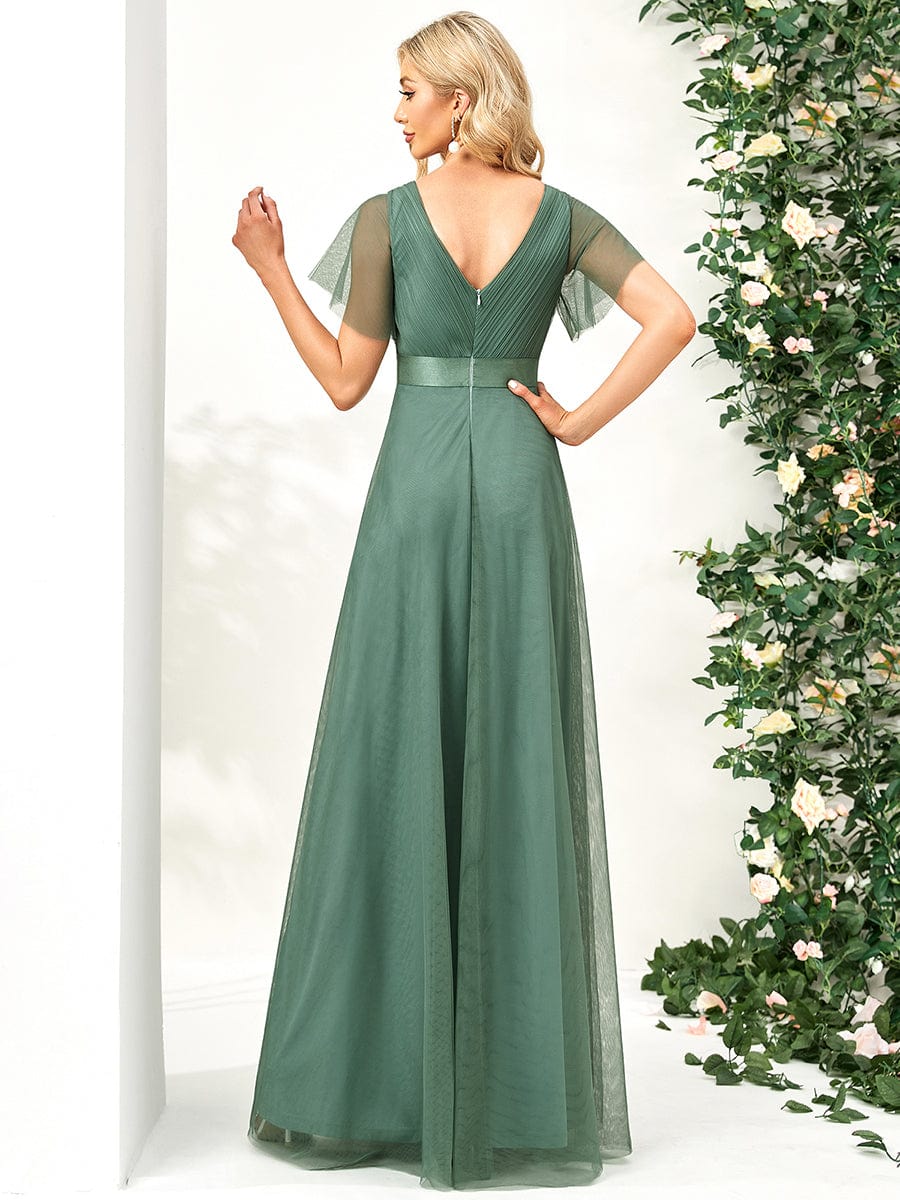 Custom Size Double V-Neck Floor-Length Bridesmaid Dress with Short Sleeve #color_Green Bean