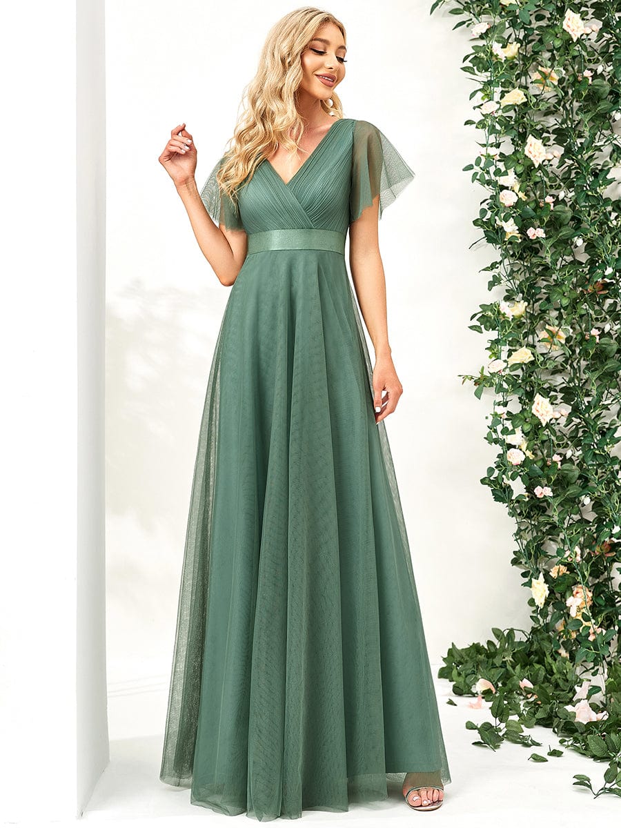 Custom Size Double V-Neck Floor-Length Bridesmaid Dress with Short Sleeve #color_Green Bean