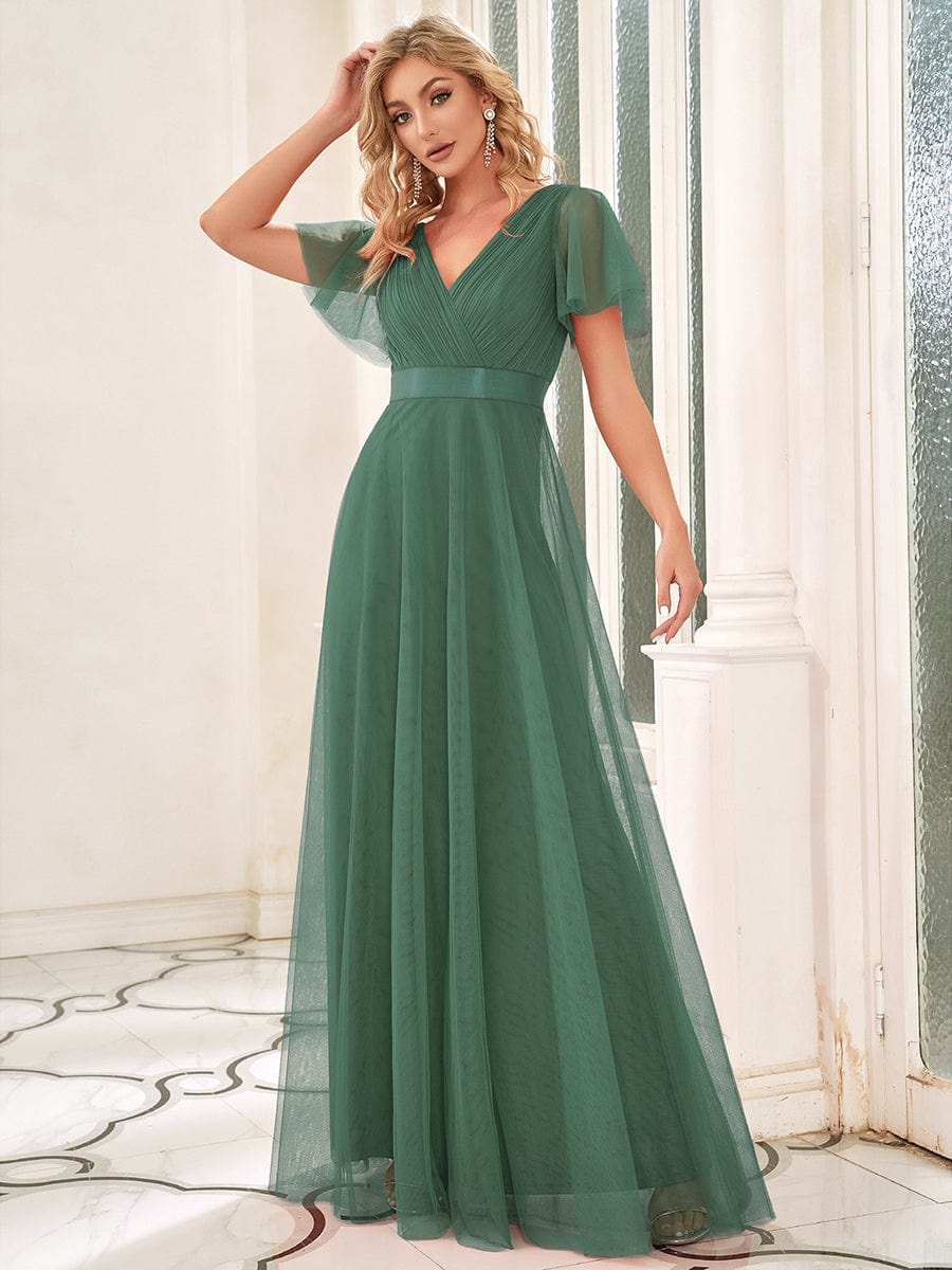 Women's Double V-Neck Floor-Length Bridesmaid Dress with Short Sleeve #color_Green Bean