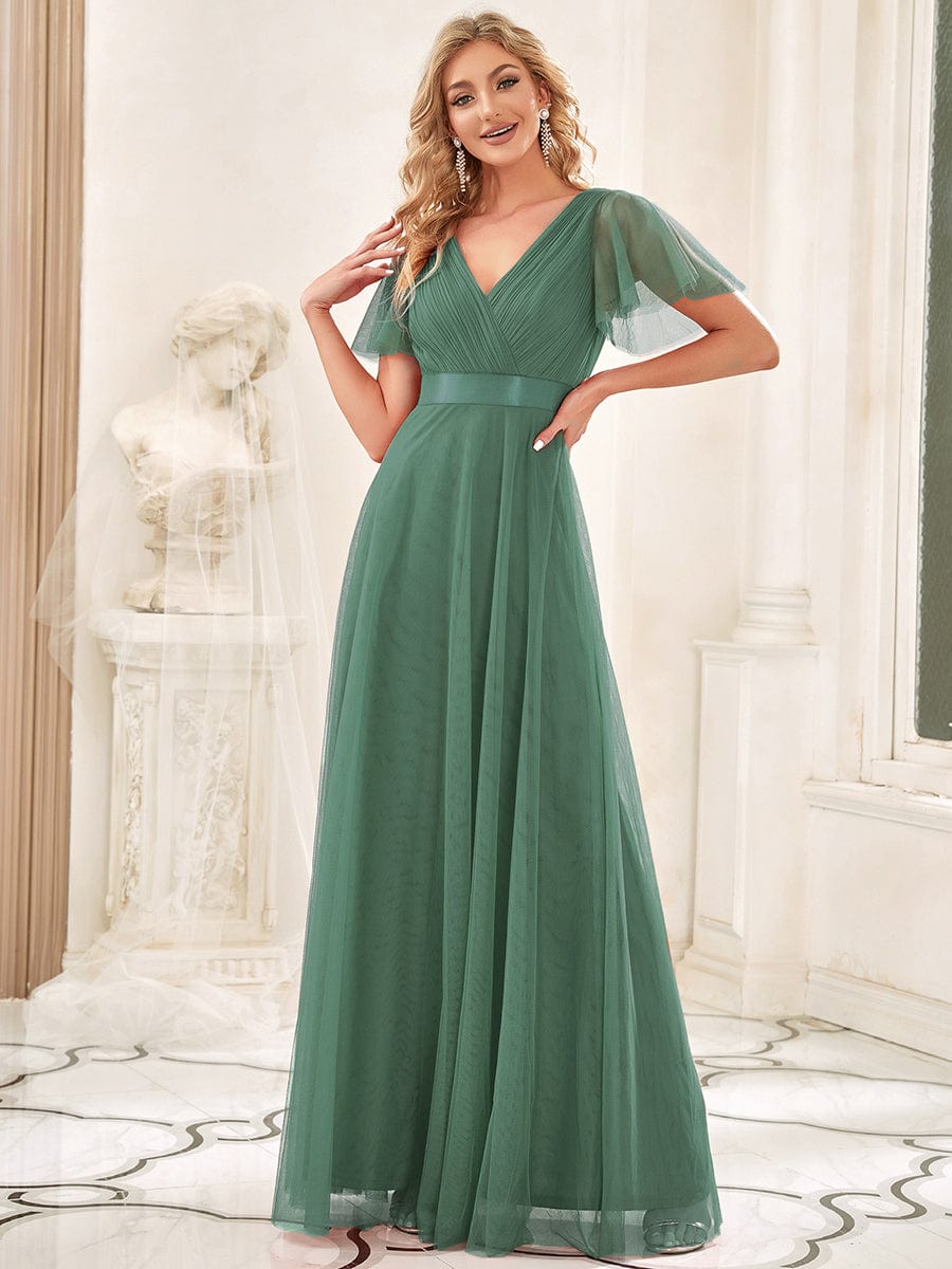 Women's Double V-Neck Floor-Length Bridesmaid Dress with Short Sleeve #color_Green Bean