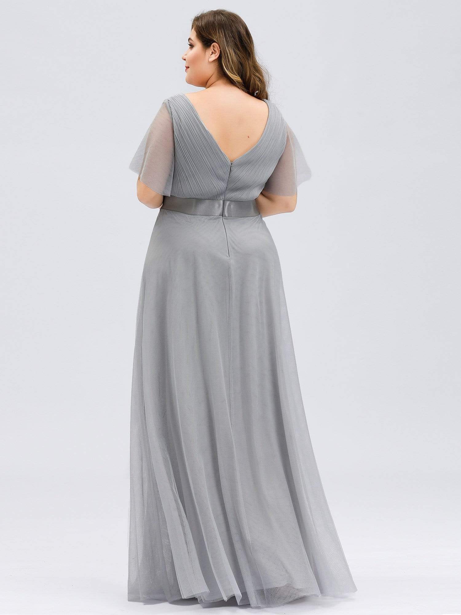 Women's Floor-Length Plus Size Bridesmaid Dress with Short Sleeve #color_Grey