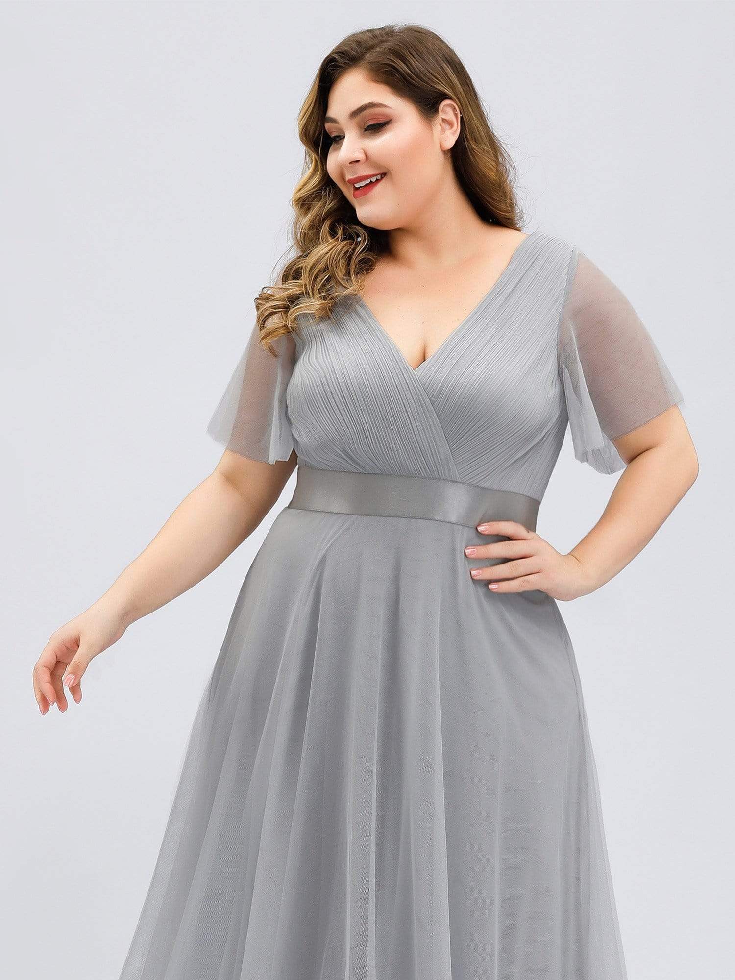 Women's Floor-Length Plus Size Bridesmaid Dress with Short Sleeve #color_Grey