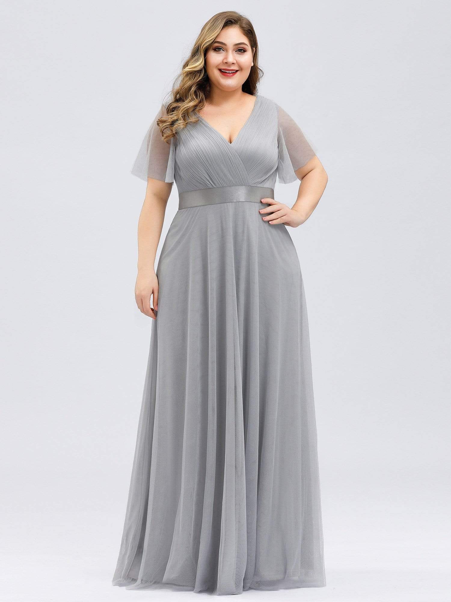 Women's Floor-Length Plus Size Bridesmaid Dress with Short Sleeve #color_Grey