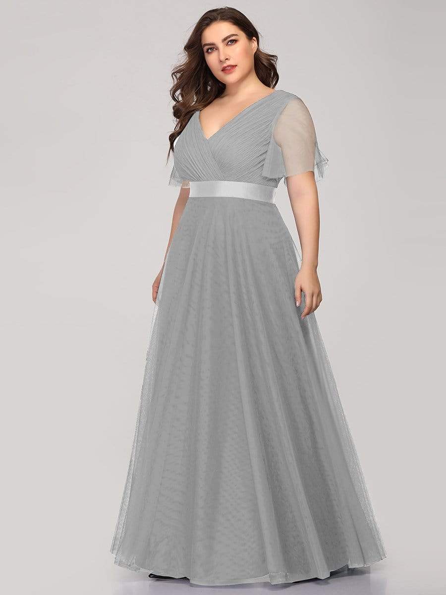 Women's Floor-Length Plus Size Bridesmaid Dress with Short Sleeve #color_Grey