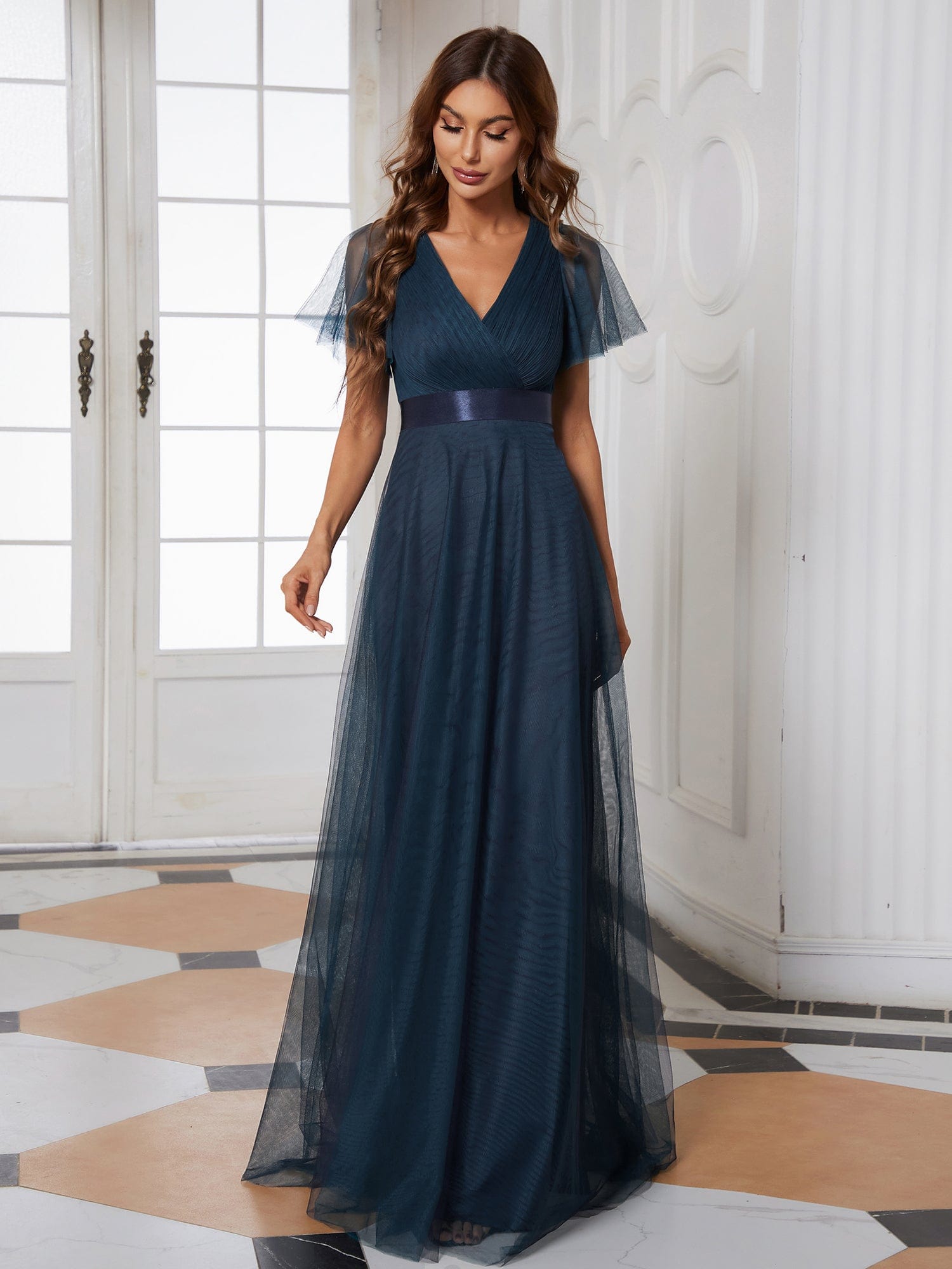 Custom Size Double V-Neck Floor-Length Bridesmaid Dress with Short Sleeve #color_Navy Blue