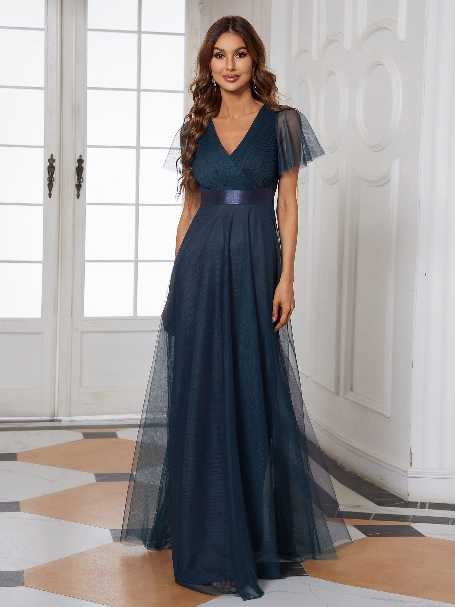 Custom Size Double V-Neck Floor-Length Bridesmaid Dress with Short Sleeve #color_Navy Blue