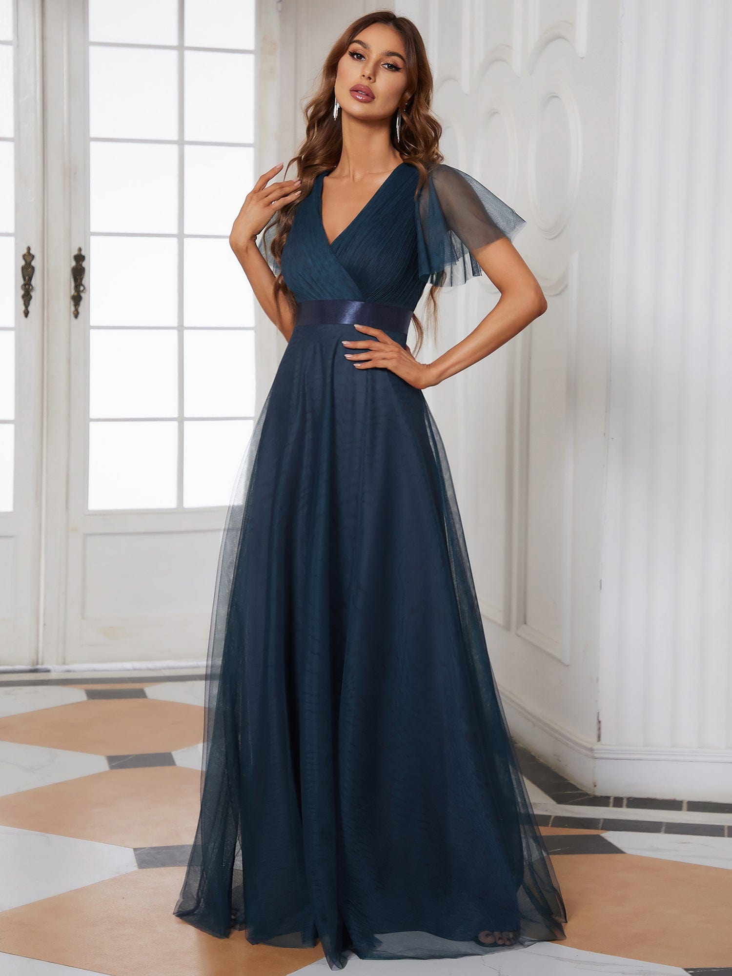 Custom Size Double V-Neck Floor-Length Bridesmaid Dress with Short Sleeve #color_Navy Blue