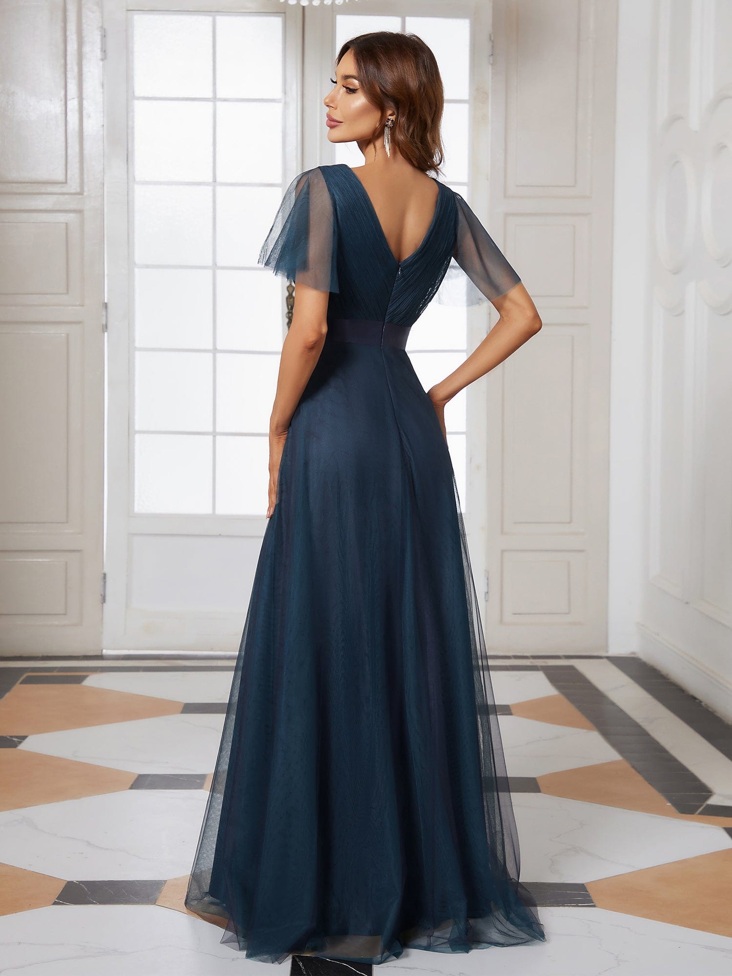 Custom Size Double V-Neck Floor-Length Bridesmaid Dress with Short Sleeve #color_Navy Blue