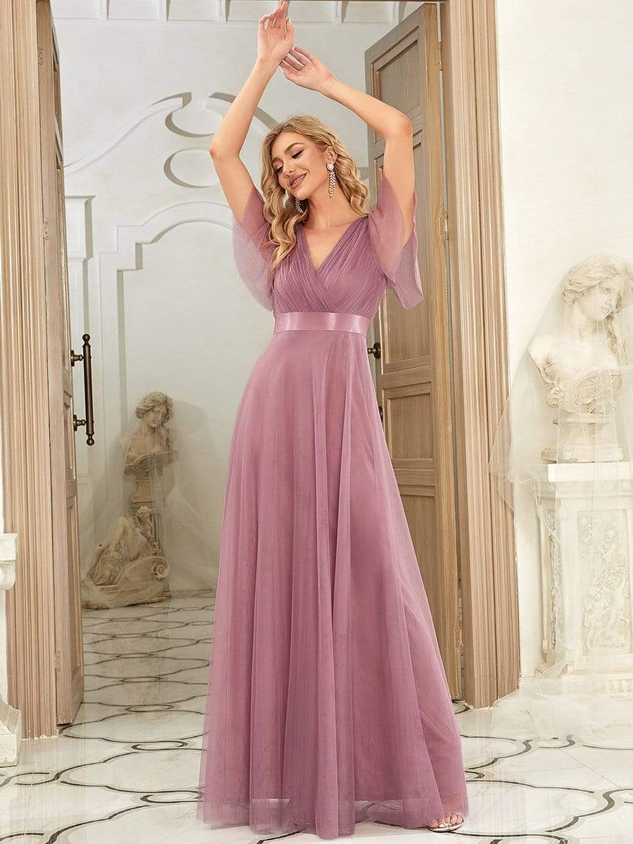 Custom Size Double V-Neck Floor-Length Bridesmaid Dress with Short Sleeve #color_Purple Orchid