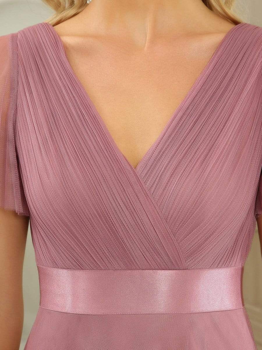 Custom Size Double V-Neck Floor-Length Bridesmaid Dress with Short Sleeve #color_Purple Orchid