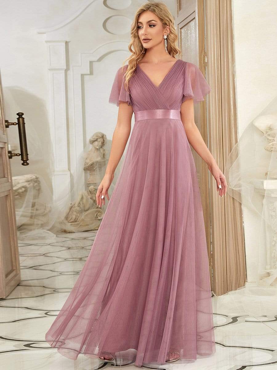 Custom Size Double V-Neck Floor-Length Bridesmaid Dress with Short Sleeve #color_Purple Orchid