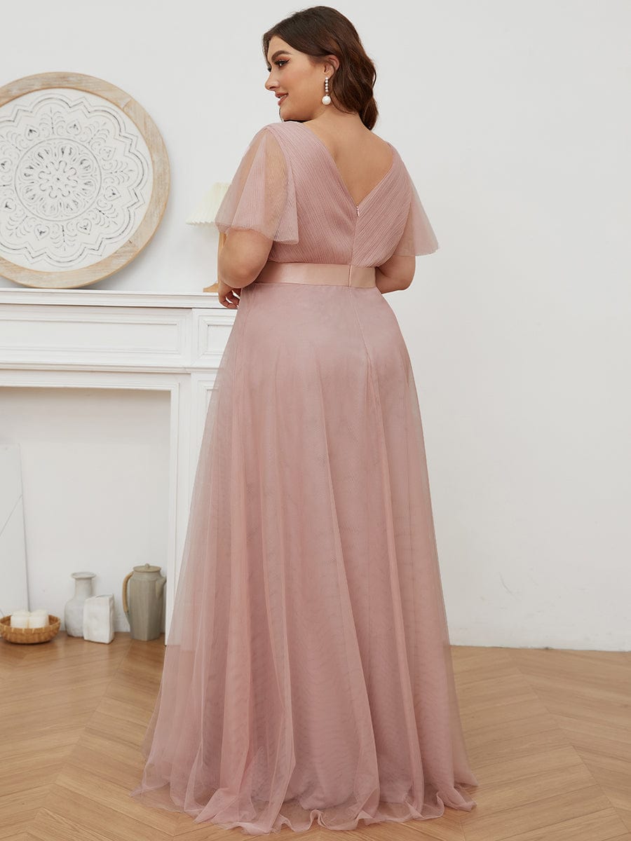 Women's Double V-Neck Floor-Length Bridesmaid Dress with Short Sleeve #color_Pink