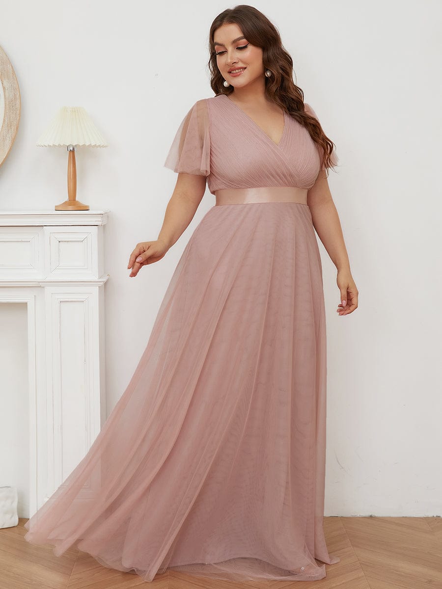 Women's Floor-Length Plus Size Bridesmaid Dress with Short Sleeve #color_Pink