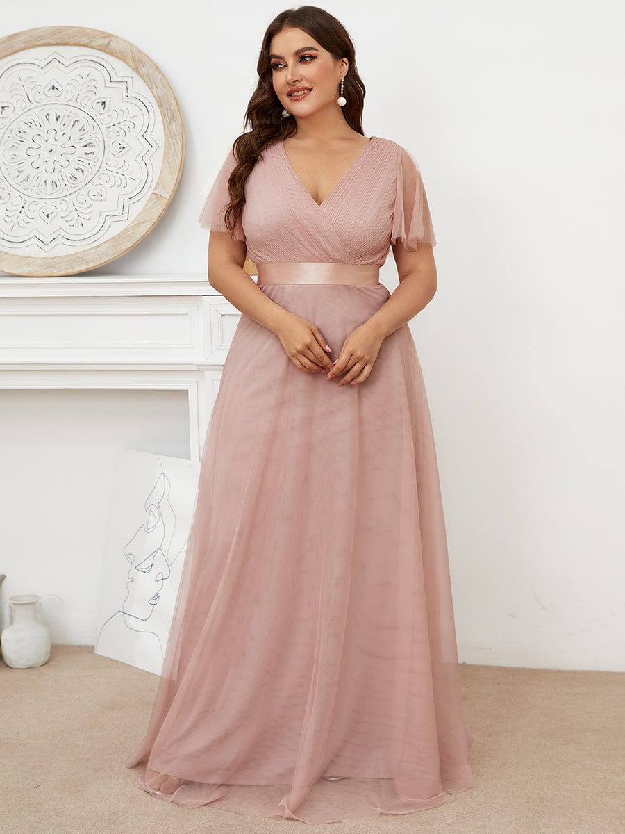 Women's Floor-Length Plus Size Bridesmaid Dress with Short Sleeve #color_Pink