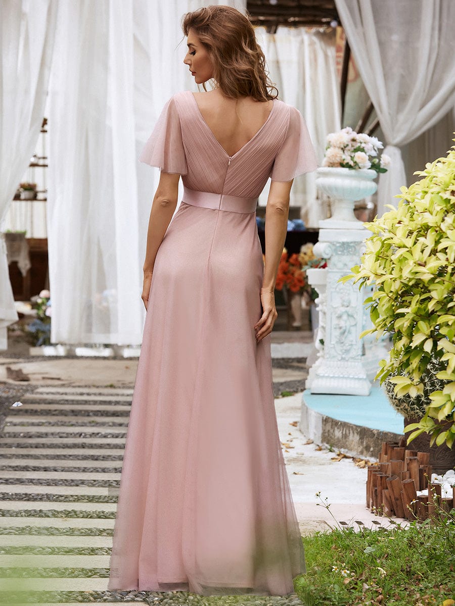 Custom Size Double V-Neck Floor-Length Bridesmaid Dress with Short Sleeve #color_Pink