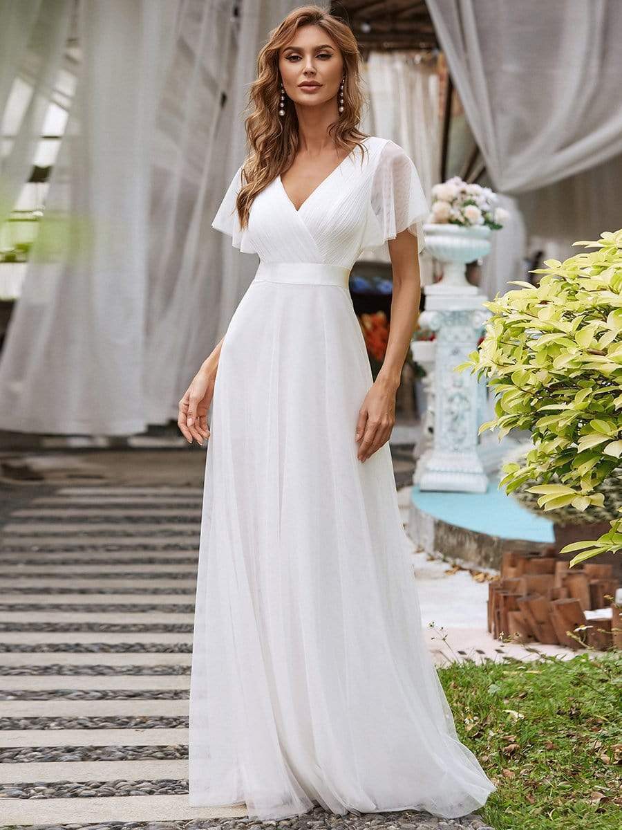 Custom Size Double V-Neck Floor-Length Bridesmaid Dress with Short Sleeve #color_White