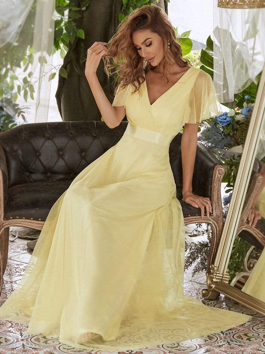 Custom Size Double V-Neck Floor-Length Bridesmaid Dress with Short Sleeve #color_Yellow