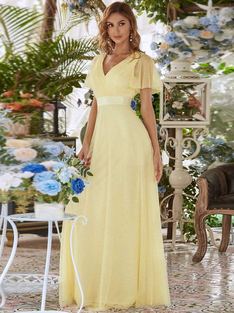 Custom Size Double V-Neck Floor-Length Bridesmaid Dress with Short Sleeve #color_Yellow