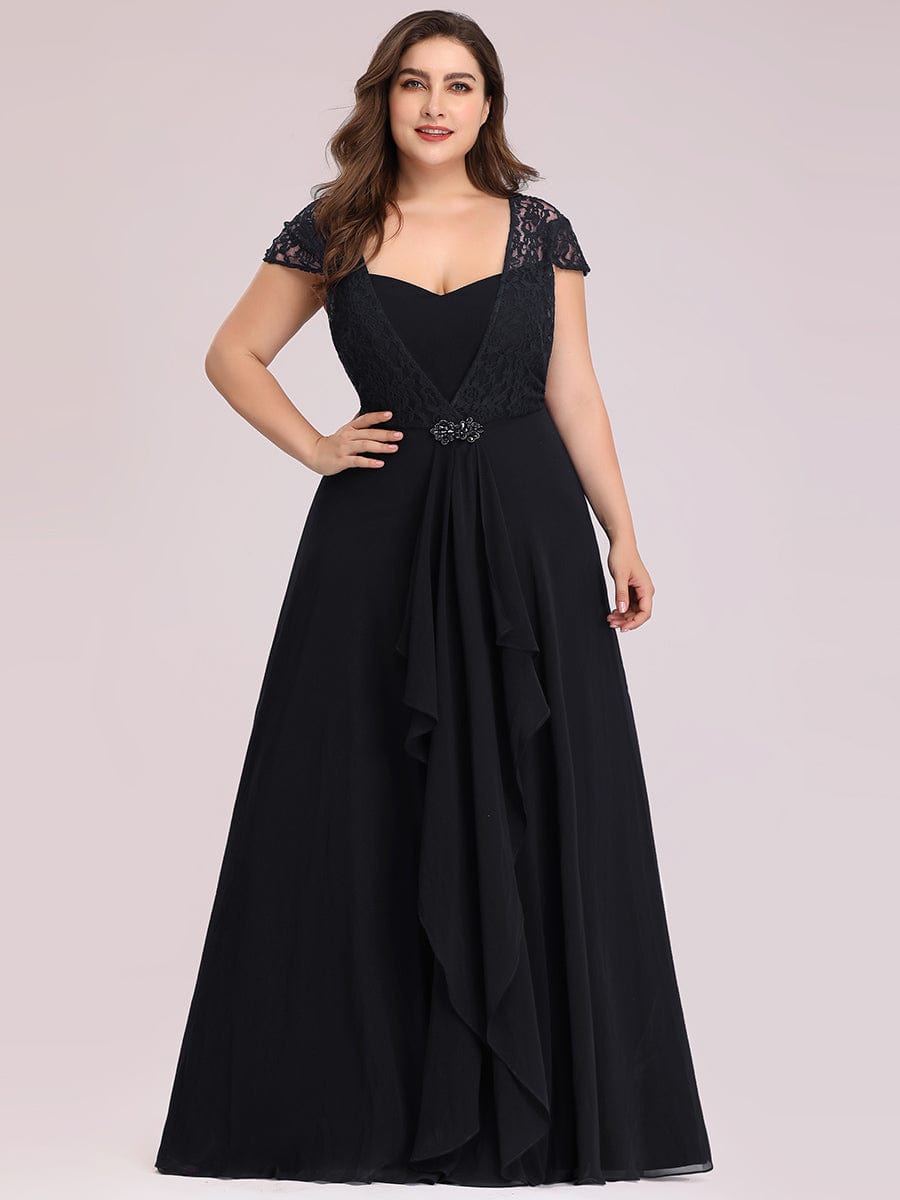 Women's Sweetheart Floral Lace Wedding Guest Dress with Cap Sleeve #color_Black