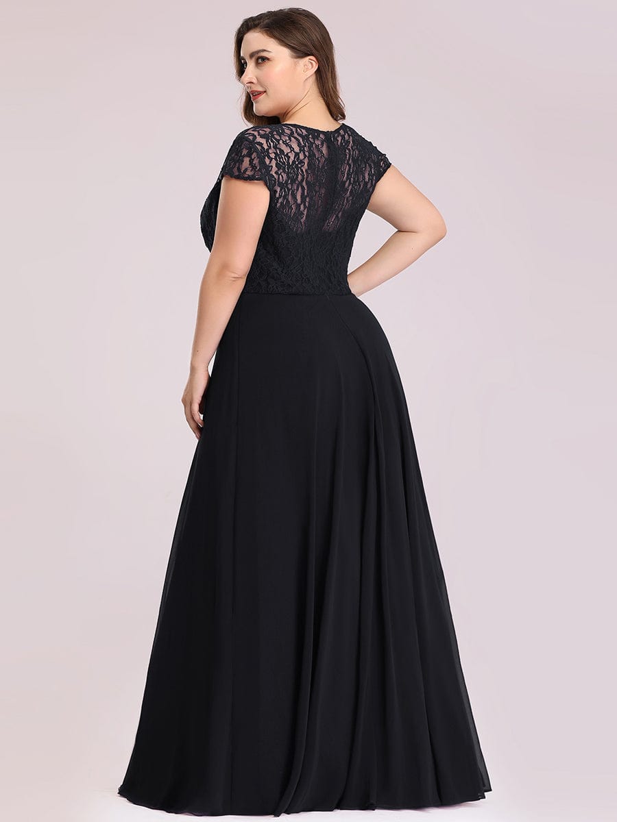 Women's Sweetheart Floral Lace Wedding Guest Dress with Cap Sleeve #color_Black