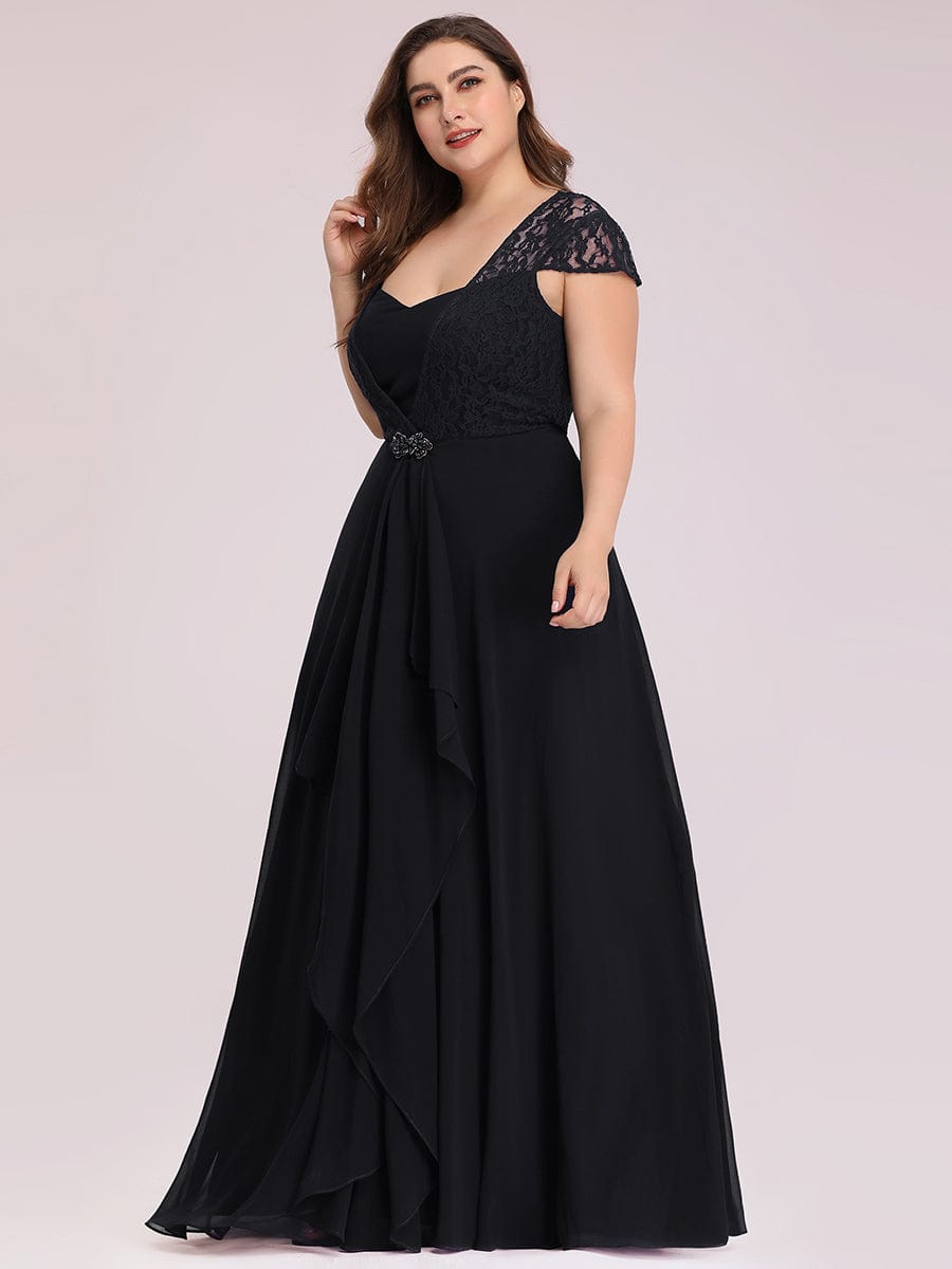 Women's Sweetheart Floral Lace Wedding Guest Dress with Cap Sleeve #color_Black